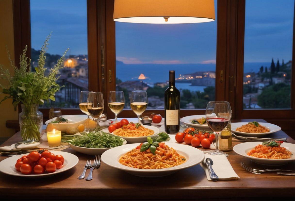 A beautifully arranged Italian dining table featuring iconic dishes such as pasta, risotto, and fresh seafood, surrounded by vibrant Italian ingredients like tomatoes, basil, and olives. Soft candlelight creates an inviting atmosphere with subtle hints of Italy's landscapes visible through a window. A wine bottle with two glasses complements the setting, evoking warmth and elegance. super-realistic. vibrant colors. soft lighting.