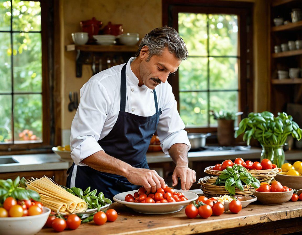 A warm, inviting Italian kitchen filled with fresh ingredients, like ripe tomatoes, basil, and pasta, lovingly arranged around a rustic wooden table. In the foreground, a skilled chef with a white apron is passionately preparing a traditional dish, with vibrant plates of Italian food artfully presented. Soft sunlight filters through a window, enhancing the colors and creating a cozy atmosphere. Super-realistic. Vibrant colors. Soft lighting.
