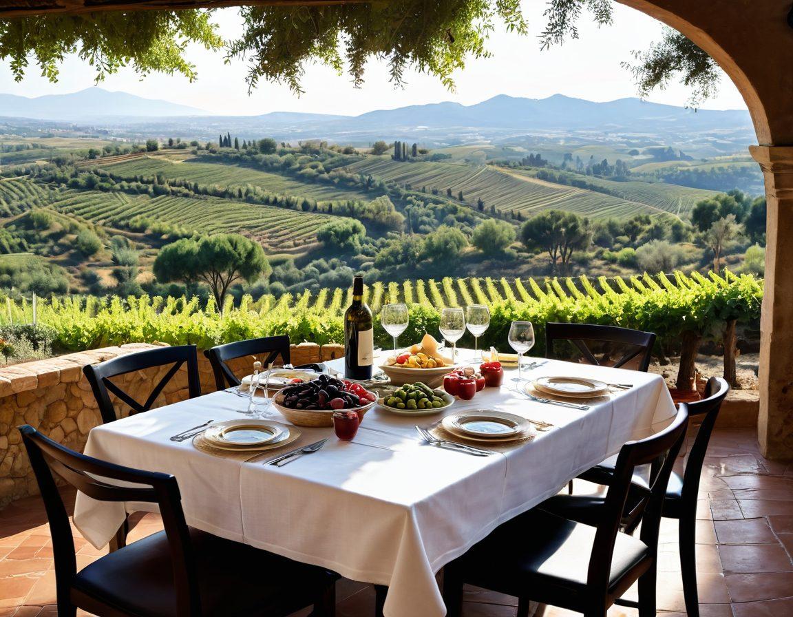 A beautifully set Italian dining table laden with an array of traditional dishes, including pasta, olives, and gourmet cheeses, surrounded by lush Italian landscape elements like vineyards and olive groves in the background. Soft, warm lighting enhances the inviting atmosphere, with a rustic charm. Include a glass of red wine to accentuate the luxurious dining experience. super-realistic. vibrant colors. warm lighting.